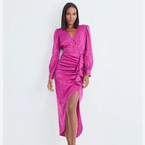 Veronica Beard. Weiss Side Ruffle Long Sleeve Silk Blend Maxi Dress.